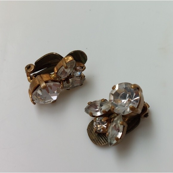 Vintage Brass and Rhinestone Crystals Clip On Earrings - Picture 3 of 6